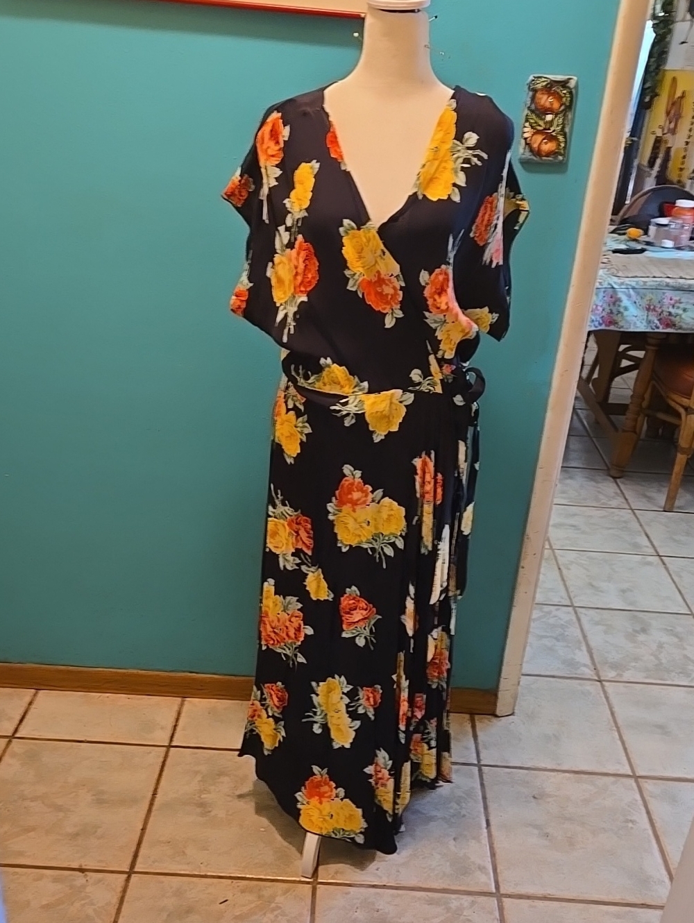 Floral Nlack Wrap Maxi Dress with Yellow & Orange Blooms